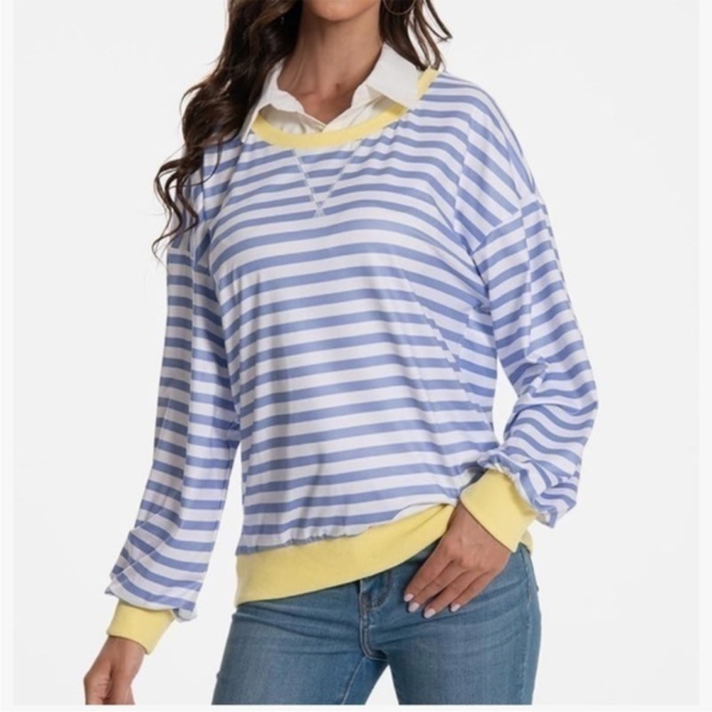 Striped collared Blue and White Top with Yellow Accents